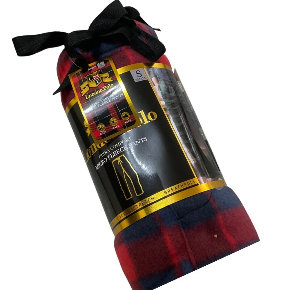 London Polo Micro Fleece Pants Mens Small Red Blue Plaid New Ultra Comfort Cozy